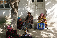 Женщины возле остановки, отдыхающие в тени дерева